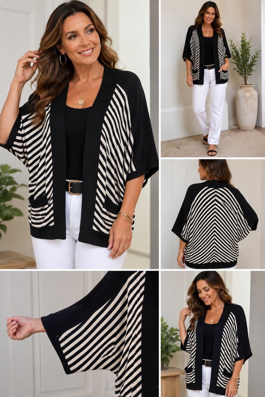 Chicos 2 Travelers Cardigan large Black Gold Stripe Knit Jacket Dolman Sleeve